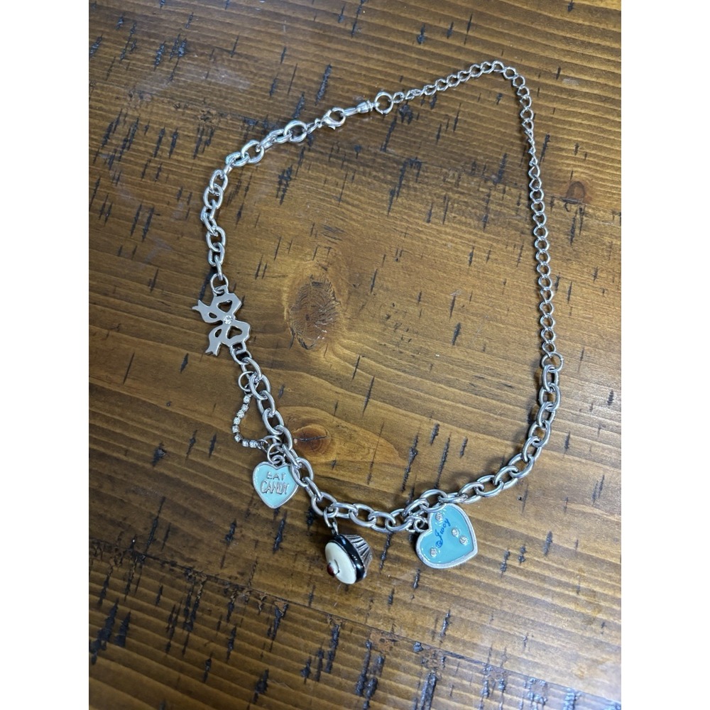 Juicy Couture Y2K Charm Necklace Candy Cupcake Heart Silver Tone 18"